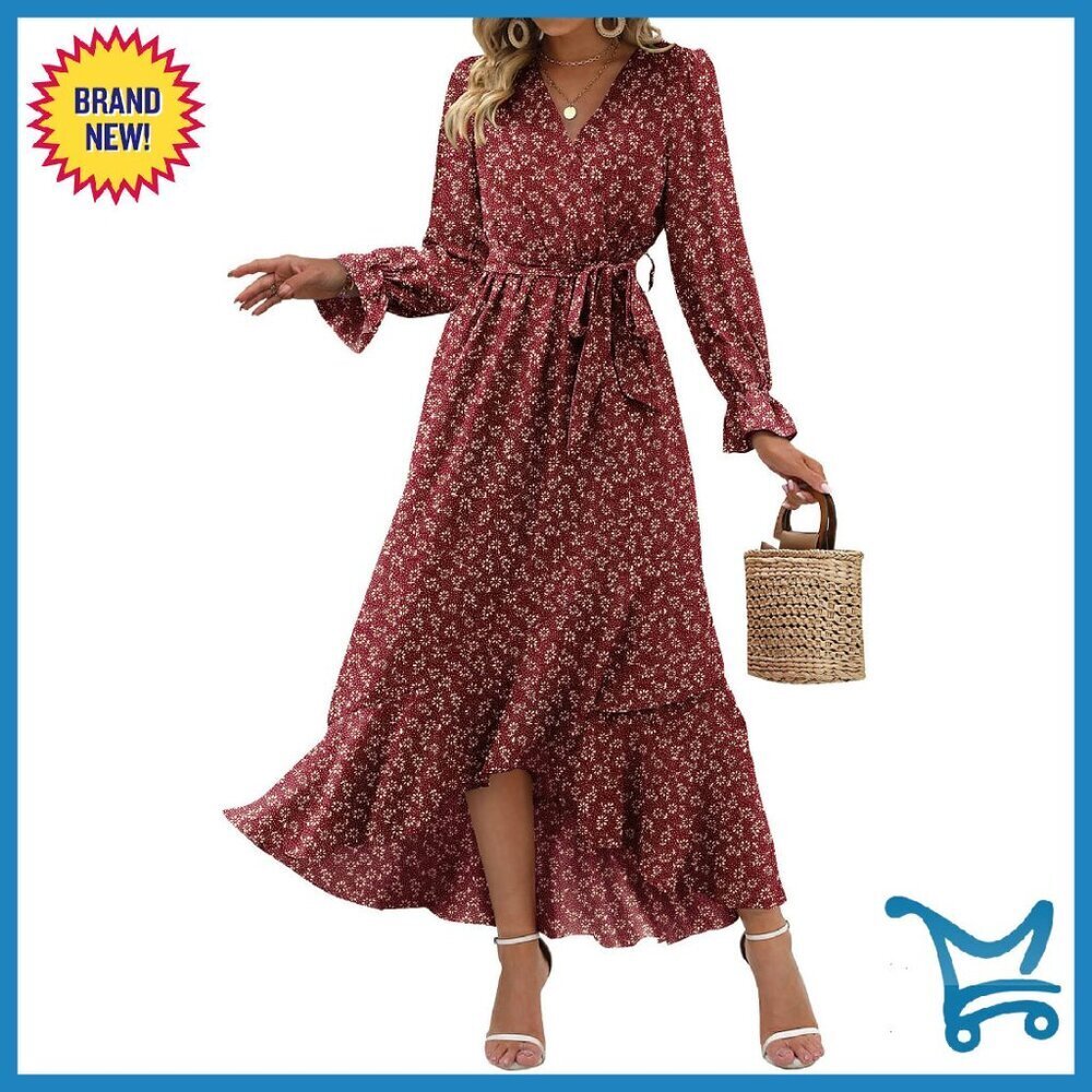 Floral Maxi Dress Long Sleeve V Neck High Waist Ruffle Boho Wedding Guest
